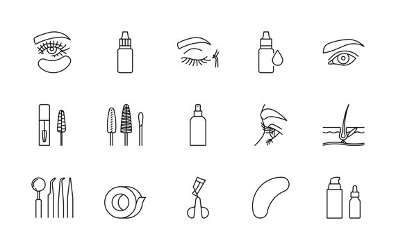 Lashes Extension related line icons. Linear illustration set - open eye, lashes, tools, a lash curler, a patch, strap, glue, mask, brushes, cosmetics, brow. Minimalist illustration, editable strokes