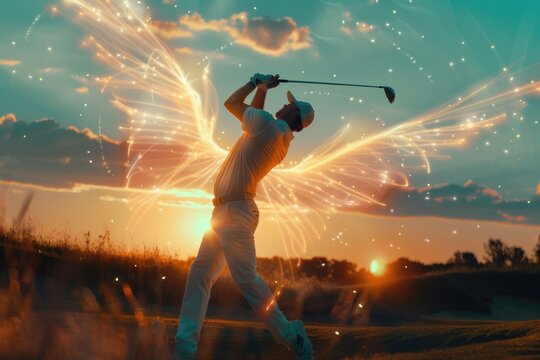 A man swinging a golf club at sunset. Perfect for sports and leisure concepts