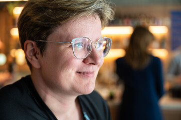 Portrait of a 38 yo white woman with short hair, Belgium