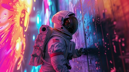 Illustrate a futuristic astronaut engaging with a vibrant graffiti wall