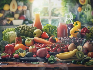 Healthy vegetables and fruits are laid out on the table. Lots of fruits and vegetables. Vegetarian cuisine
