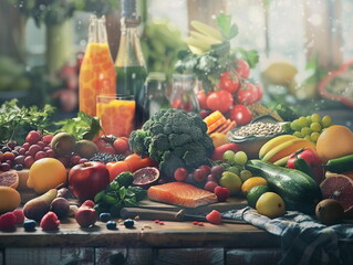 Healthy vegetables and fruits are laid out on the table. Lots of fruits and vegetables. Vegetarian cuisine