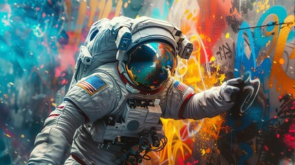 Illustrate a futuristic astronaut engaging with a vibrant graffiti wall