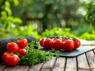 Cherry tomatoes with herbs on a wooden table