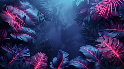 Pink and Green Leaves on Blue Background