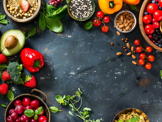 Organic food on black stone background. Vegetables and fruits. View from above. Free space for copying.