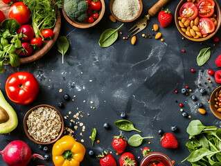 Organic food on black stone background. Vegetables and fruits. View from above. Free space for copying.
