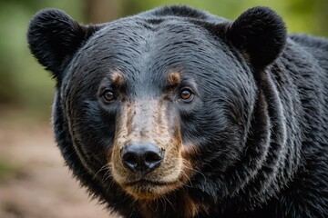 top close and full framed view of Asian Black Bear head , detailed and sharp textures, large depth of field