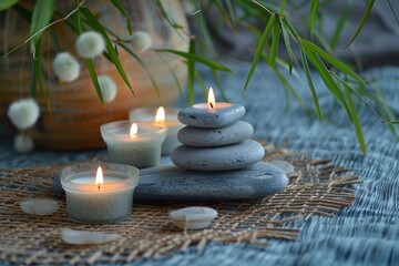 Calming Zen Spa Scene with Candles, Stones, and Bamboo.