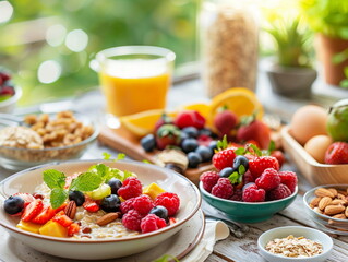 Healthy breakfast with fruits and berries, muesli, raspberries, blueberries. Vegetarian food, diet concept, weight loss, healthy lifestyle and nutrition