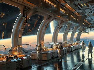 Visualize the intricate details of a futuristic Culinary Arts academy established on a space station