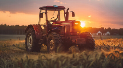 Fototapeta premium Tractor in the cornfield. 