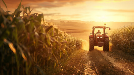 Fototapeta premium Tractor in the cornfield traveling down dirt road. 
