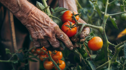 Farmer's hand picking a tomato from the vine. 