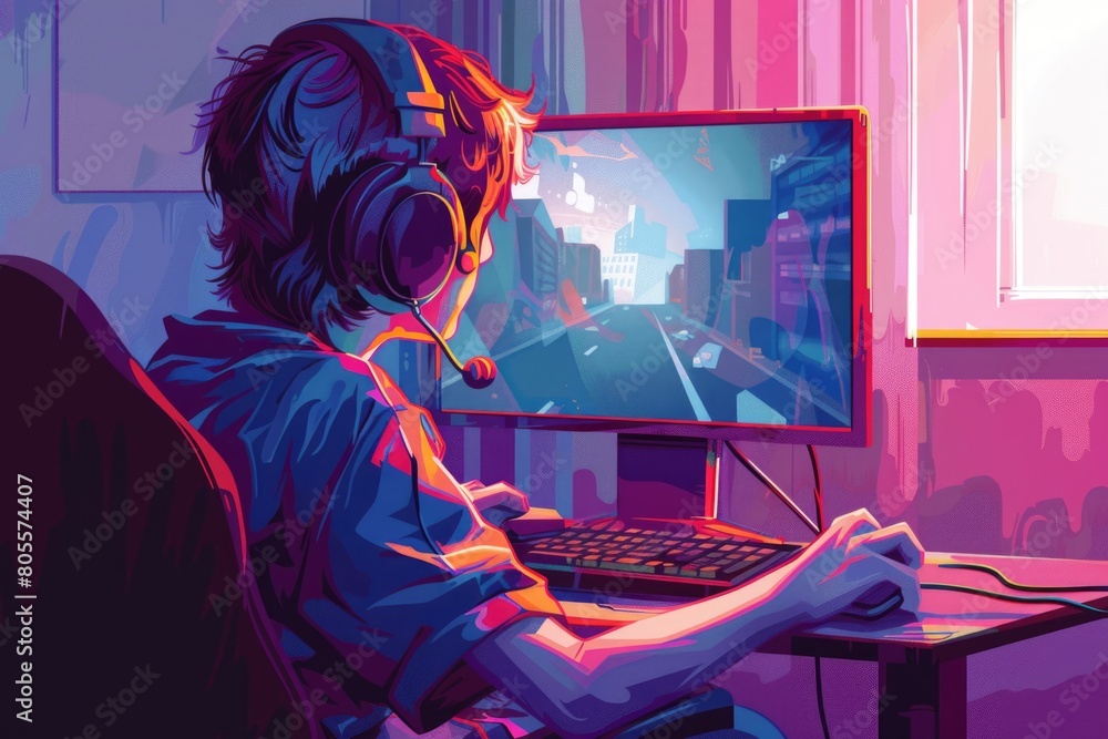 Poster a person sitting in front of a computer with headphones on. suitable for technology and work concept