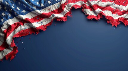 American Flag Torn in Half on Blue Background