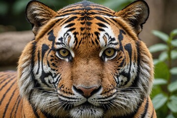 top close and full framed view of Malayan Tiger head , detailed and sharp textures, large depth of field