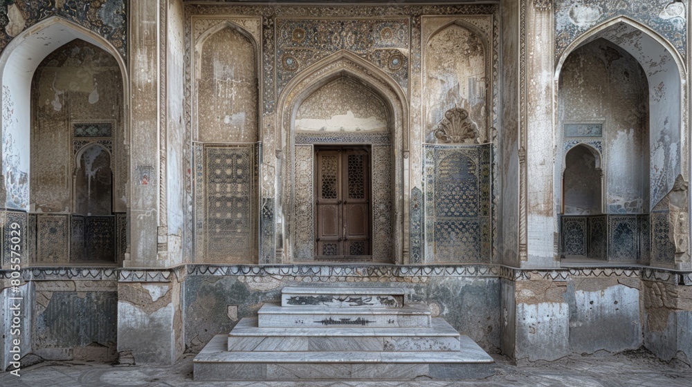 Poster an old building with a door and steps, suitable for various concepts and designs