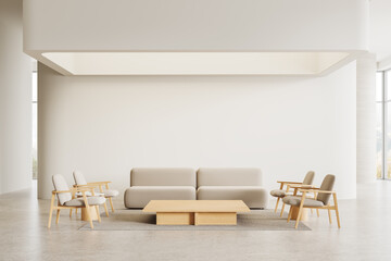 A modern office waiting room with chairs, couch, and a coffee table on a wooden floor, white background. 3D Rendering