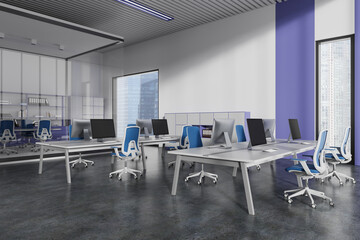Modern office interior with coworking and glass conference room, window