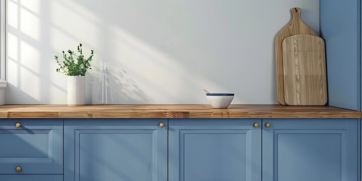 Encimera de cocina de madera en color azul, sobre la que se encuentran dos tablas de cortar de madera y un peque&ntilde;o jarr&oacute;n con planta de interior, sobre pared blanca