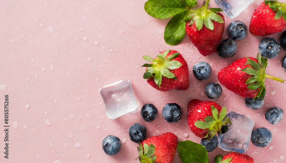 Wall mural Top view photo of scattered strawberries with leaves blueberries and ice cubes on the right water drops on isolated light pink background with copyspace