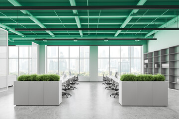 Colored office coworking interior with table and pc monitors, panoramic window