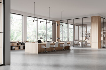 Modern office meeting room interior with board and chairs, panoramic window