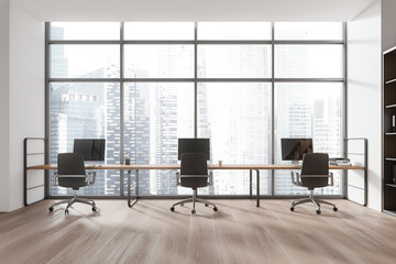 Modern office interior with wooden desk, chairs, and large windows overlooking a cityscape, light. 3D Rendering