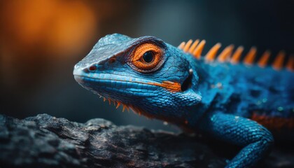 the enigmatic blue lizard with fiery orange eyes a detailed close up of a striking blue lizard with vibrant orange eyes showcasing its unique colors and features - Powered by Adobe