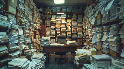 Obraz premium Mess at work, An office filled with tons of paper