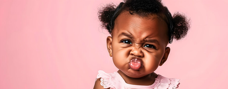 Little african american girl on pink bakcground making a notch. Space for text.	
