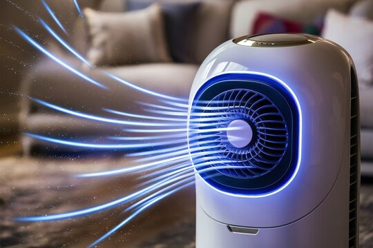 Portable air conditioner or mobile air cooler with clean airflow in modern living room. Innovation and technology concept.