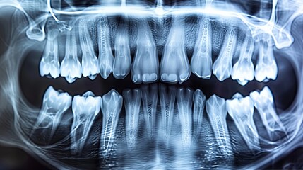 A detailed X-ray showing a mouth with teeth, ideal for medical education and dental services presentation. Generative AI
