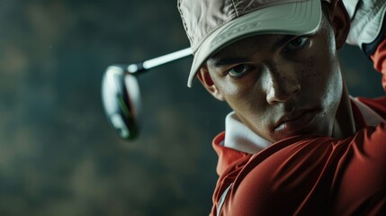 A man in a red shirt and white hat holding a golf club. Suitable for sports and leisure concepts