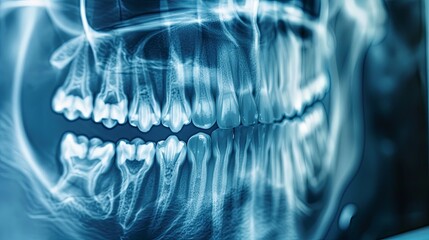 Detailed x-ray showing the structure of a human skull with visible teeth, ideal for medical lectures on dental anatomy and healthcare presentations. Generative AI