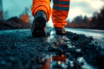 Laying asphalt by road workers. Road repairs