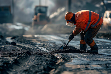 Laying asphalt by road workers. Road repairs