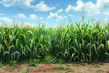 Obraz premium A picturesque field of corn with a clear blue sky in the background. Suitable for agricultural concepts