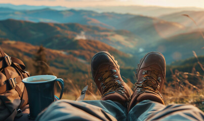 A persons feet with hiking boots resting at a mountain top. hiking adventure travel concept