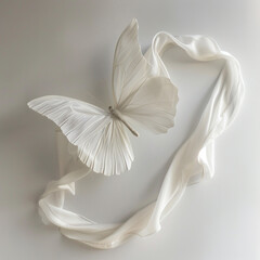 white butterfly made of silk wearing a large white silk scarf flying