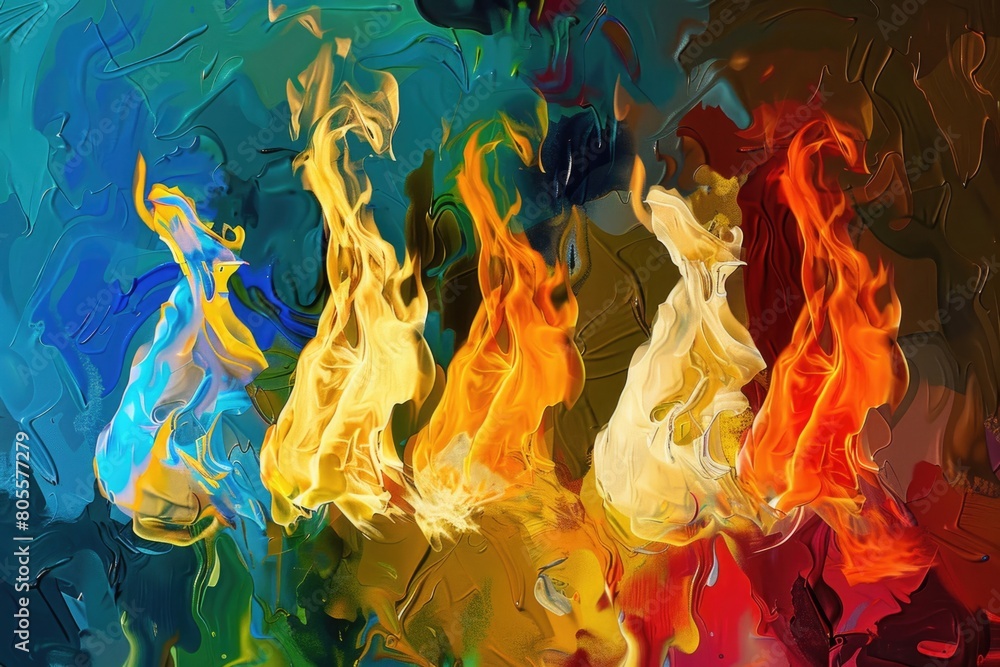 Poster a painting featuring a variety of vibrant colored flames. great for adding a pop of color to any pro