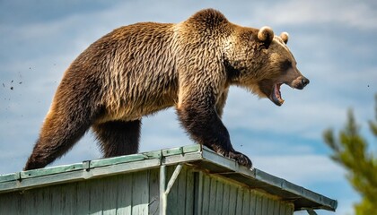 angry grizzly bear in rage sprinting in water tower