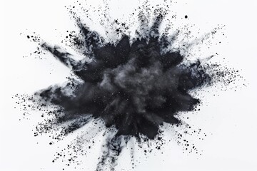 Black powder explosion on white background, perfect for science or chemistry projects