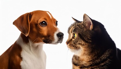 portrait of a jack russell terrier dog and a cat scottish fold side view isolated on a white background