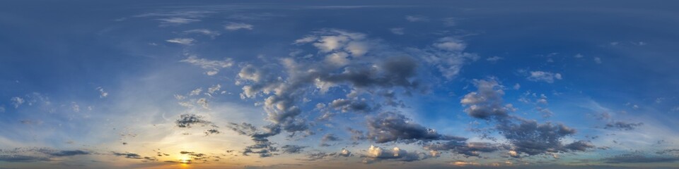 twilight blue sky 360 hdri panorama with evening clouds before sunset for use in 3d graphics or game development as skydome or edit drone shot or sky replacement in seamless equirectangular format