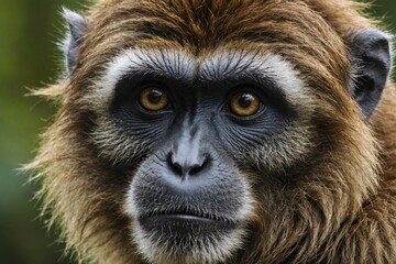 top close and full framed view of Macaca head , detailed and sharp textures, large depth of field