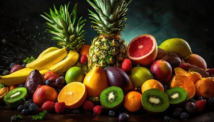 variety of fresh juicy tropical fruits background splash of vitamins healthy and tasty diet generative ai