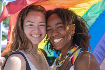 Joyful Pride LGBTQ Lesbian Couple Celebrating Love and Equality at Parade under the Rainbow Flag