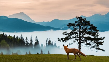 horizontal banner silhouette of fox standing on grass hill deer mountains and forest in the background magical misty landscape trees animal green illustration bookmark - Powered by Adobe